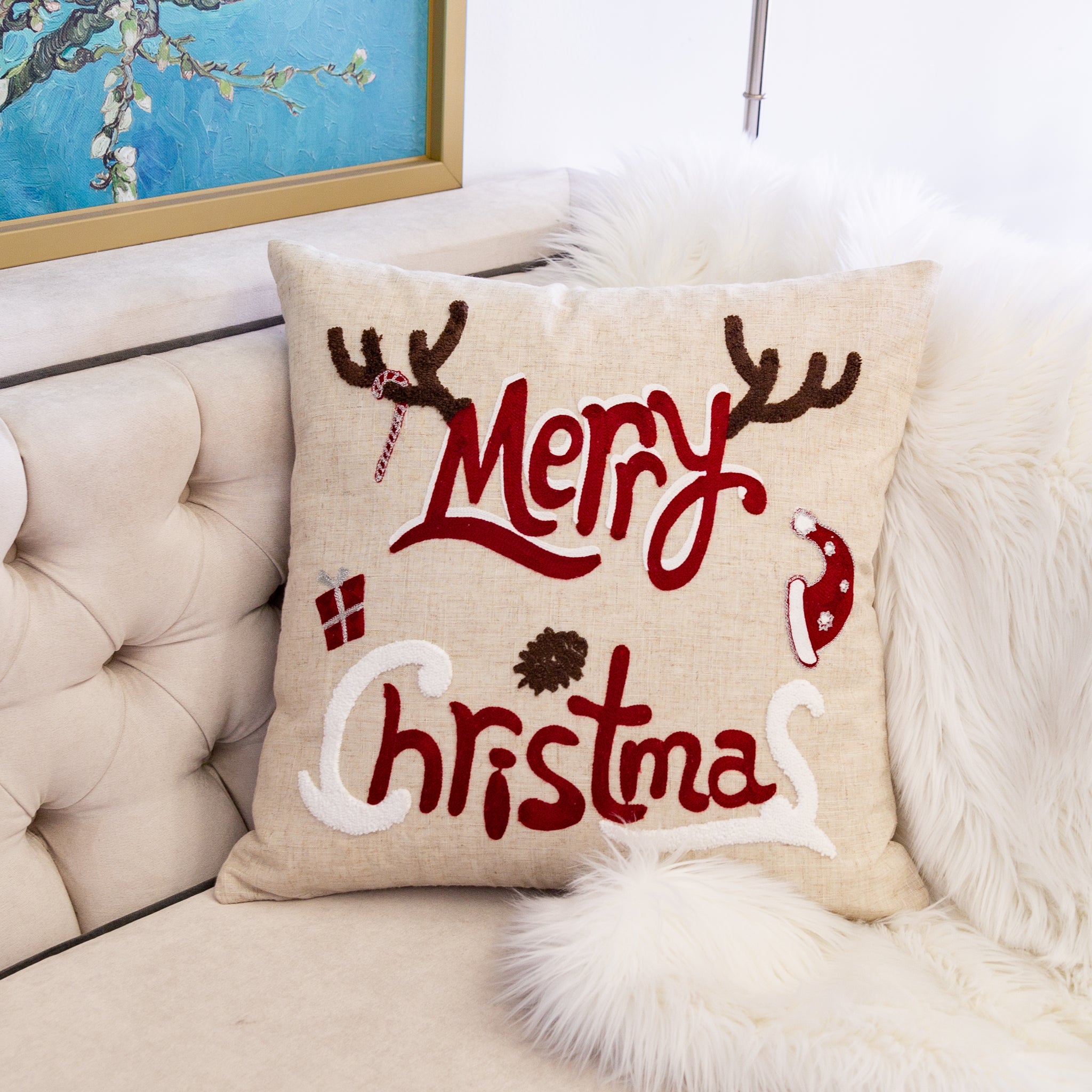 Homey Cozy Embroidery Christmas Holiday Throw Pillow Cover